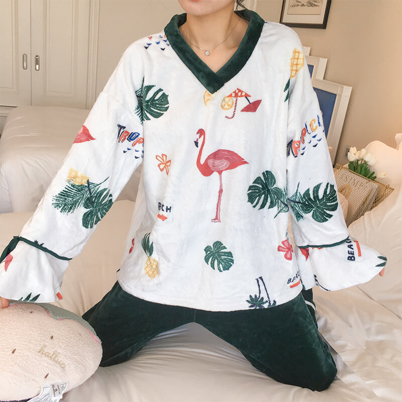 Koraal Fluwelen Pyjama Vrouwen Herfst En Winter Verdikte Warme En Leuke Flanellen Pak Flamingo Student Lente Homewear
