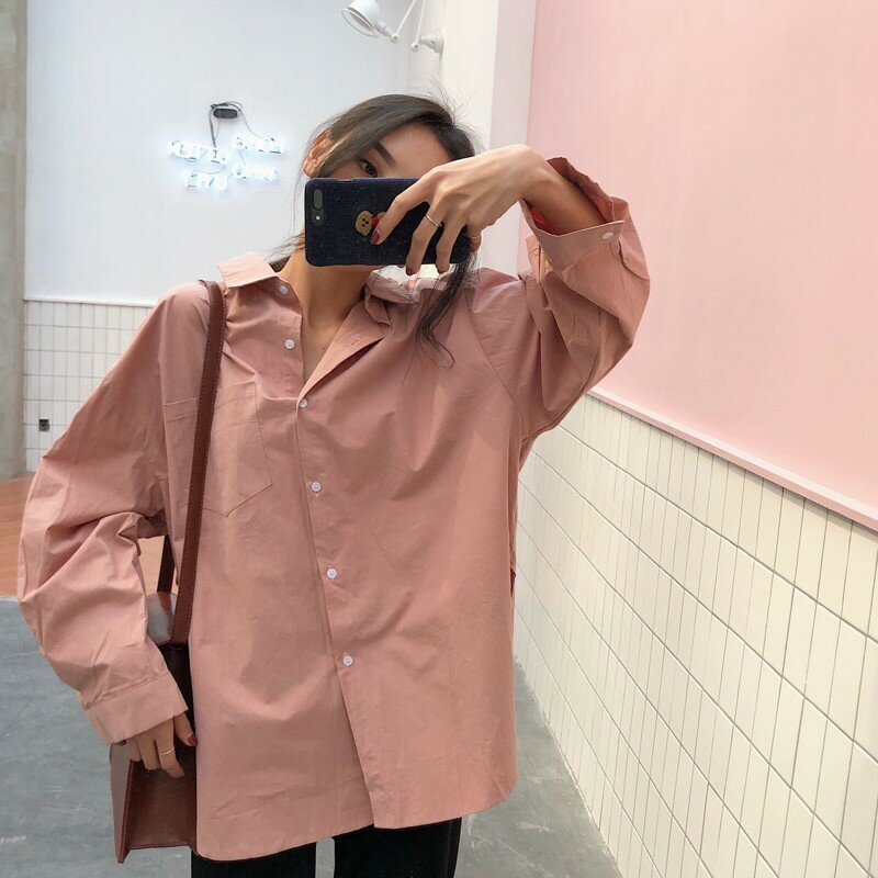 Frauen Weiß Shirts Rosa Plain JIKA 2021 Herbst Lose Übergroßen Blusen Weibliche Tops Outfit Koreanische Stil Blusas Taschen Casual