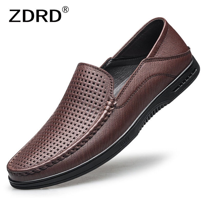 Designer Genuine Leather Loafers Shoes Men Summer Breathable Soft Hole Shoes Casual Business Office Dress Shoes Luxury Cow Shoes