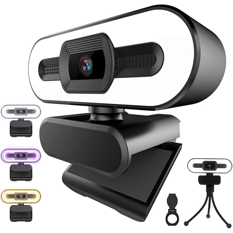 Webcam Full HD 1080p, 2K, avec trépied et Microphone, caméra USB, éclairage annulaire, pour PC, Mac, ordinateur portable, vidéo Youtube en direct