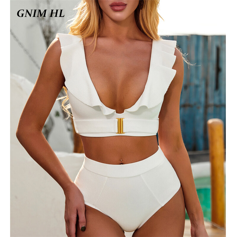 Gnim plissado bikini roupa de banho feminina com cinto 2020 verão sólido terno de natação para as mulheres cintura alta maiô brasileiro duas peças