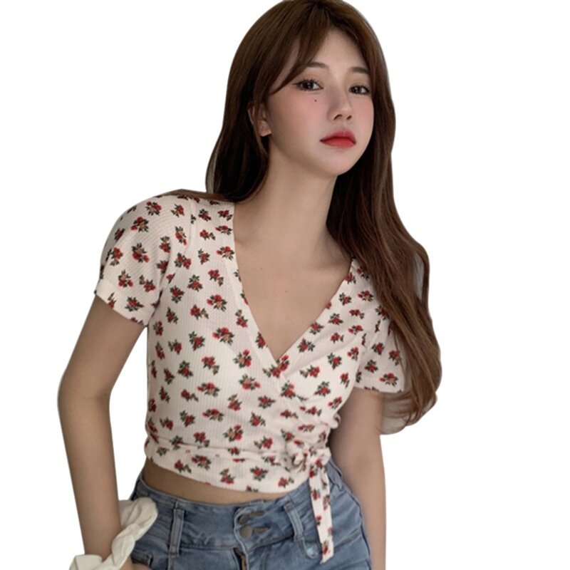 Blusa de gasa con cuello en V para mujer, camisa de manga corta con estampado de flores, moda coreana
