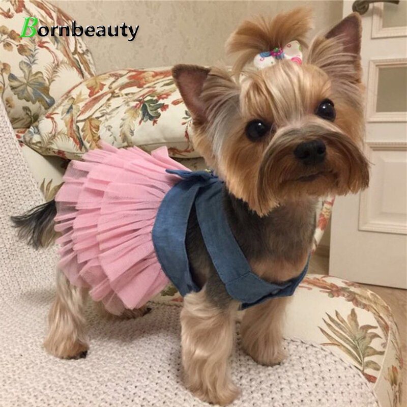 Dog Summer Dress Pet Cat New Year Party Dress Chihuahua Girl Wedding Jean Dress Skirt Puppy Go Out Clothes for Small Medium Dogs
