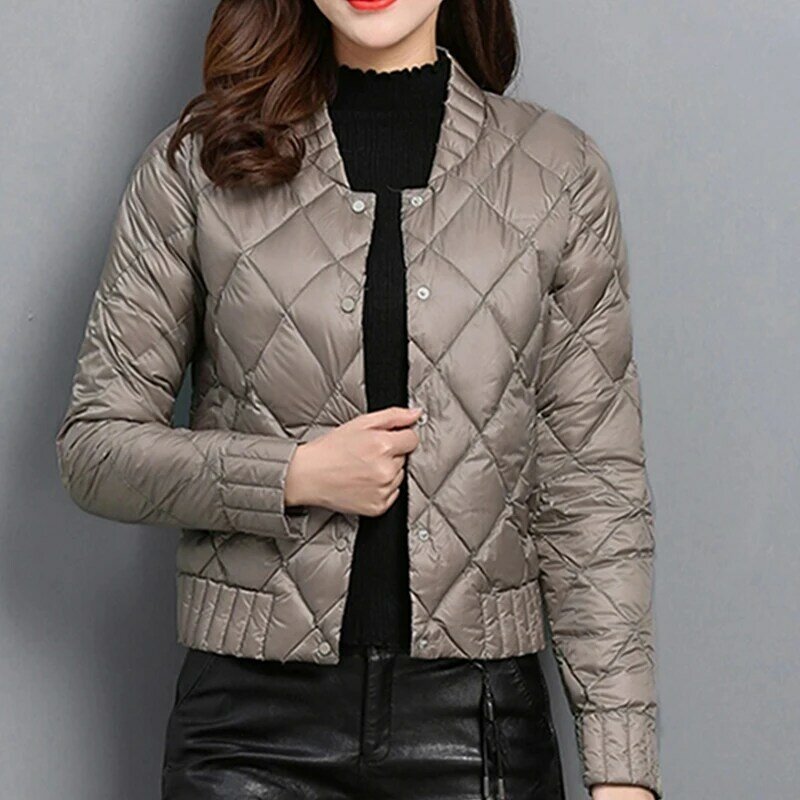 Jaket Bulu Angsa Putih Ultra Ringan Musim Gugur 2021 Mantel Coklat Leher O Wanita Ukuran Plus Musim Dingin Mantel Pendek Bawah Hangat Ramping