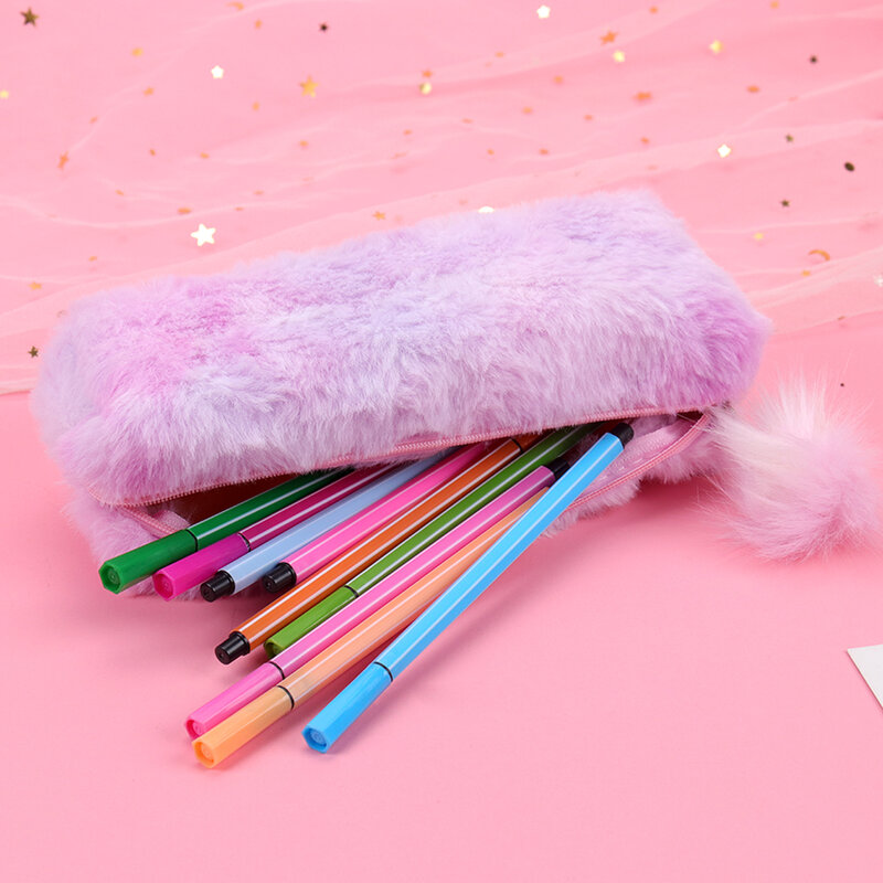 1PC Kawaii Kreative Bleistift Fall Gradienten Farbe Nette Mädchen Plüsch Achteckige Stift Tasche Mädchen Student Einfache Lagerung Tasche