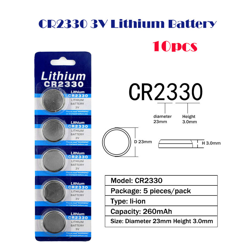 Cr2330 10 pces = 2 cartão 260mah lítio 3v botão bateria br2330 ecr2330 baterias da moeda da pilha para mp3 relógio eletrônico brinquedo remoto