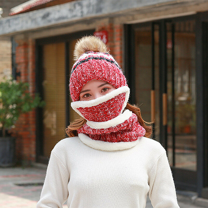 Invierno boina sombreros bufanda Set sombrero abrigado tejido tapa del cráneo cuello de punto grueso de lana pompón sombrero de invierno para las mujeres