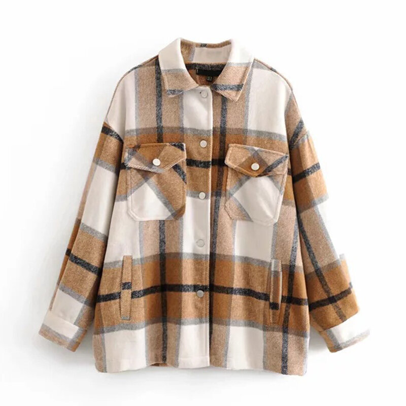 Plaid Overshirt Wool Blend Jacket Check Lapel Collar Long Sleeve Coat Women Oversized Pockets With Flaps Button Jackets Tops