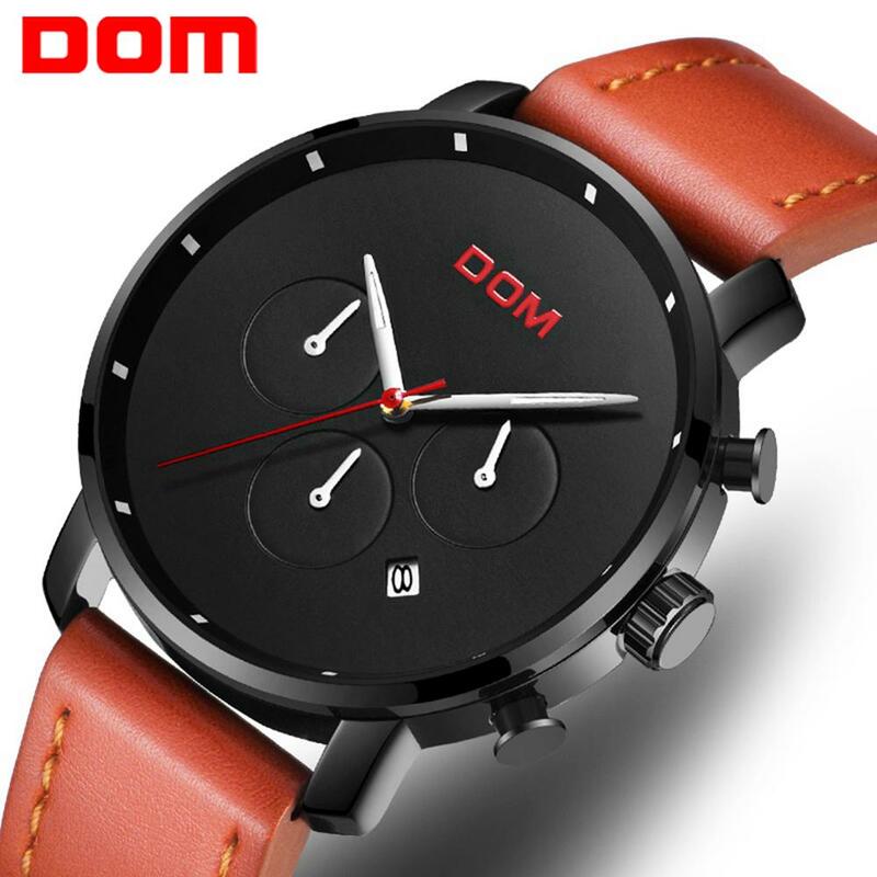 Часы DOM мужские с хронографом, брендовые Роскошные модные водонепроницаемые спортивные, в стиле милитари, с кожаным ремешком
