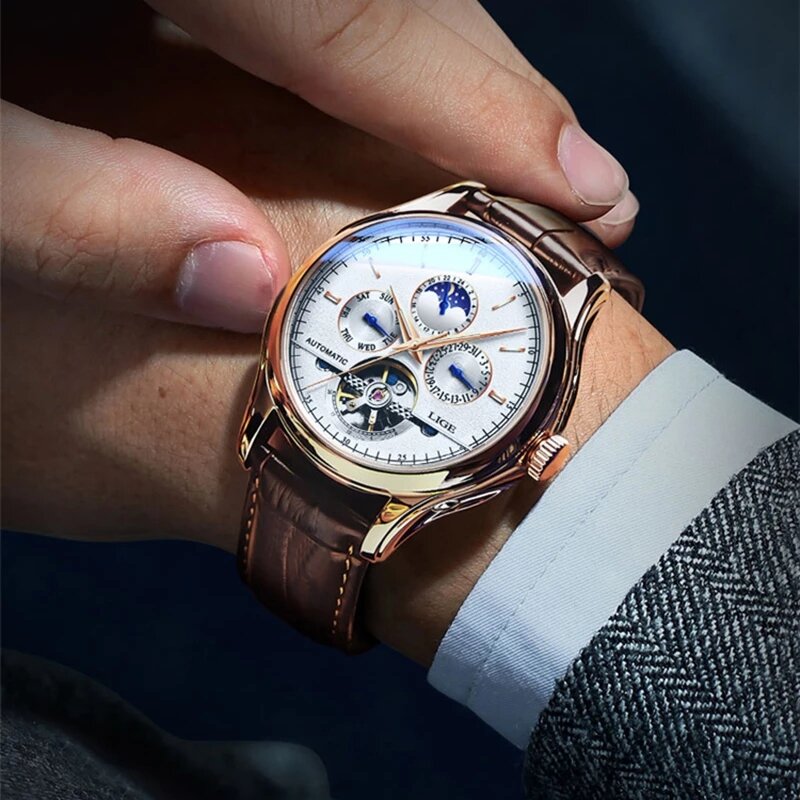 LIGE zegarek mody luksusowej marki skórzany zegarek Tourbillon automatyczny zegarek męski mężczyźni mechaniczne zegarki stalowe Montre Homme 2021