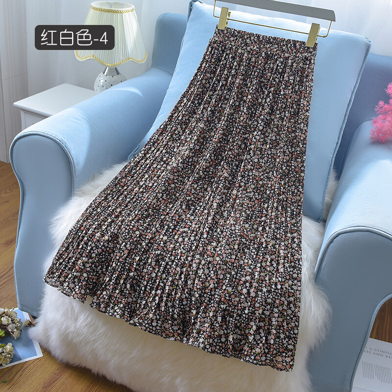 Korean chiffon floral skirt female summer 2021 new high waist a-line drape small mid-length pleated skirt  A-LINE  Print