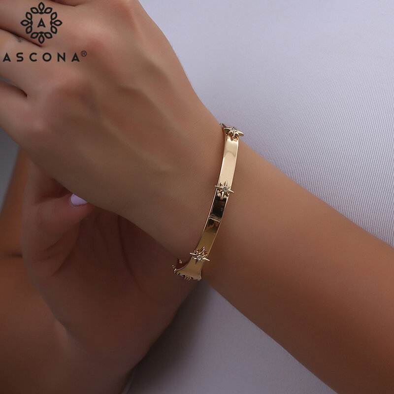 Ascona แบรนด์อินเทรนด์ผู้หญิงกำไลข้อมือกำไลข้อมือเปิดการออกแบบสังกะสี Cubic Zircon กำไลข้อมือ Luxury Gold เค...