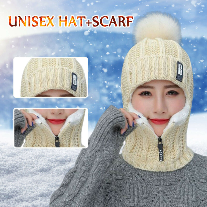 2021 여성 짧은 니트 모자 스카프 목 따뜻한 겨울 따뜻한 Pom Pom 모자 Windproof 스카프 여자 보호 귀 목 스카프 모자