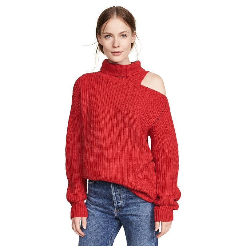 가을 2020 년 여성을위한 어깨 높은 목 느슨한 풀오버 스웨터 떨어져 간단한 단색 단일 측면