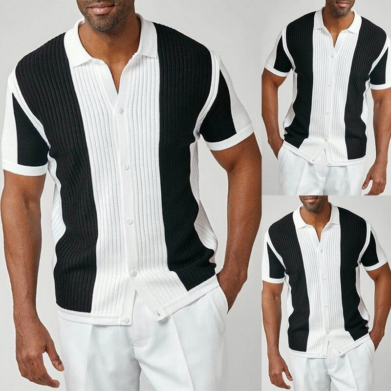 Camisa de malha masculina, camisa vintage de retalhos para homens, casual, solta, manga curta, moda verão, lapela abotoada, tops streetwear, 2021