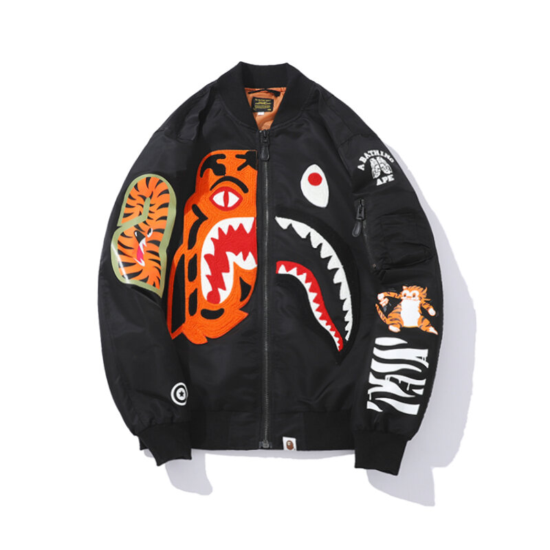 BAPE Winter Shark Head Tiger Head Embroidery Co Branded Jacket Zipper Man Woman Harajuku Hip Hop Loose Coat Outer Wear Overcoat