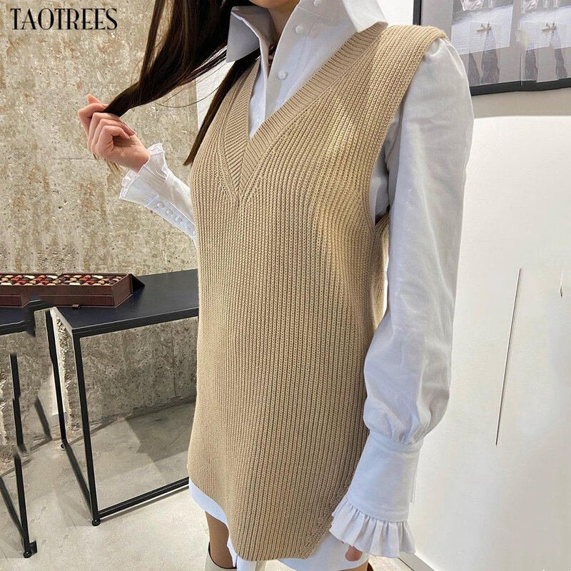 Taotrees Women Sweater Vest Loose Knitted Sleeveless Vest Office Lady V-Neck Pullover Tops Female Outerwear Only 1 Piece Vest
