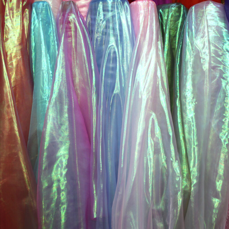 Tela holográfica de diseño fluorescente, tela de gasa brillante colorida, para decoración de escenario y boda, 1 metro