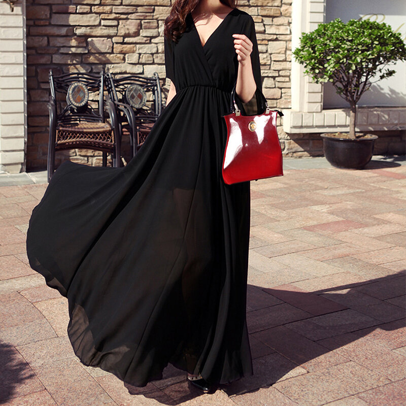 Женское шифоновое платье с глубоким V-образным вырезом, длинное белое пляжное облегающее платье черного цвета, модель 3XL на лето, 2021