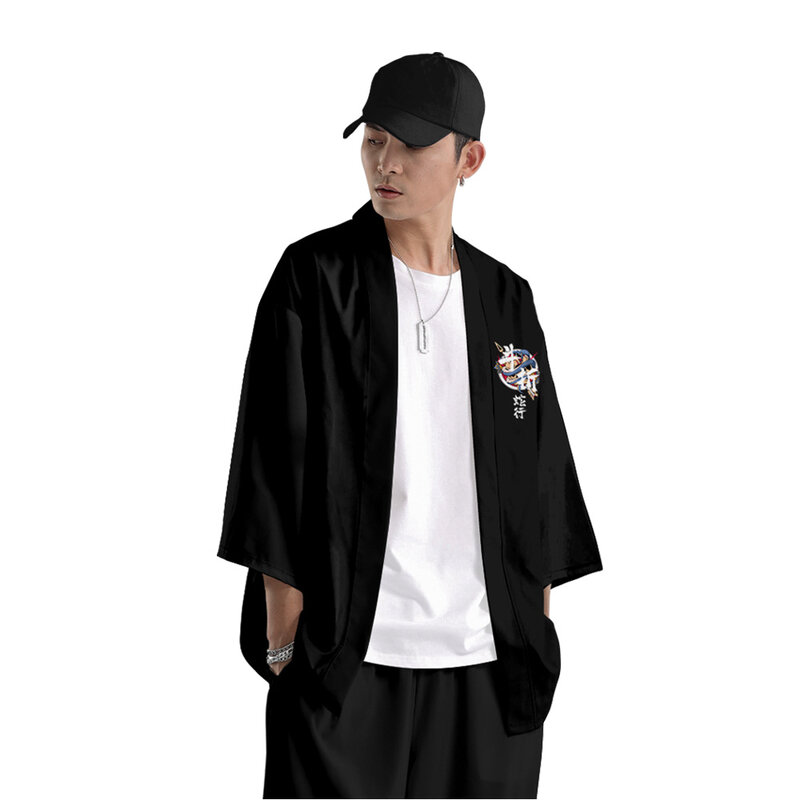 男性用ブラックスネークプリントシャツ,日本のストリートウェアカーディガンとパンツ,原宿風,変装,浴衣