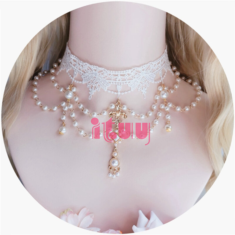 Gorgeous Vintage Rococo Style Wedding Lolita Princess Multilayer Pearl Lace Gem Necklace Collarbone Chain