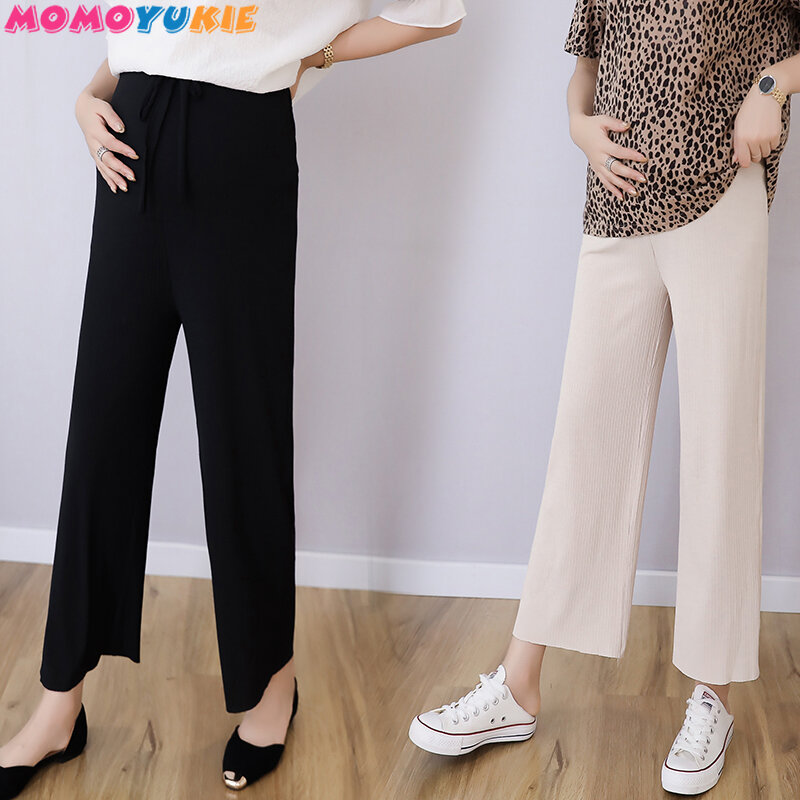 9/10 Length Thin Wide Leg Maternity Pants Elastic Waist Belly Trousers Clothes for Pregnant pant Women OL Formal Work Pregnancy