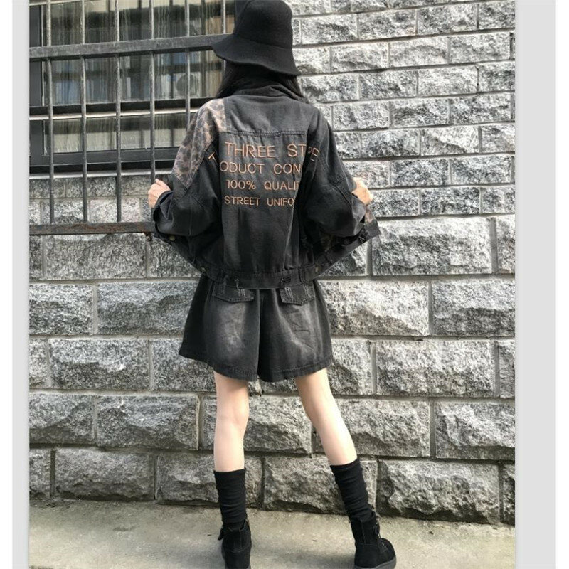 Jaqueta jeans feminina de leopardo, casaco vintage preto para primavera estilo harajuku punk