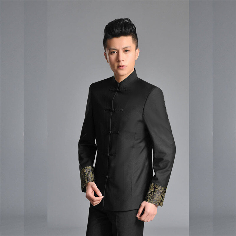 中国スタイルのウェディング新郎唐スーツ男性スタンド襟チュニック服スリム春秋中国の伝統的な中山スーツ