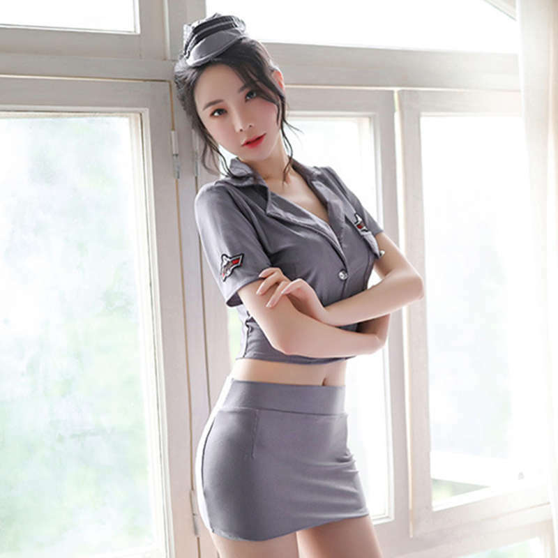 Conjunto de lencería Sexy para mujer de policía, conjunto de uniforme de sejección, Color sólido, elástico, frente abierto, bolsa de cintura de corte bajo, falda ajustada a la cadera