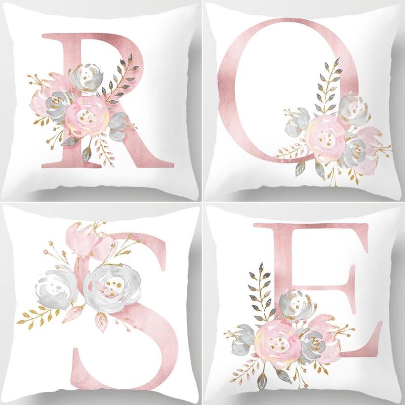 Capa de almofada decorativa com letra rosa poliéster fronha para sofá