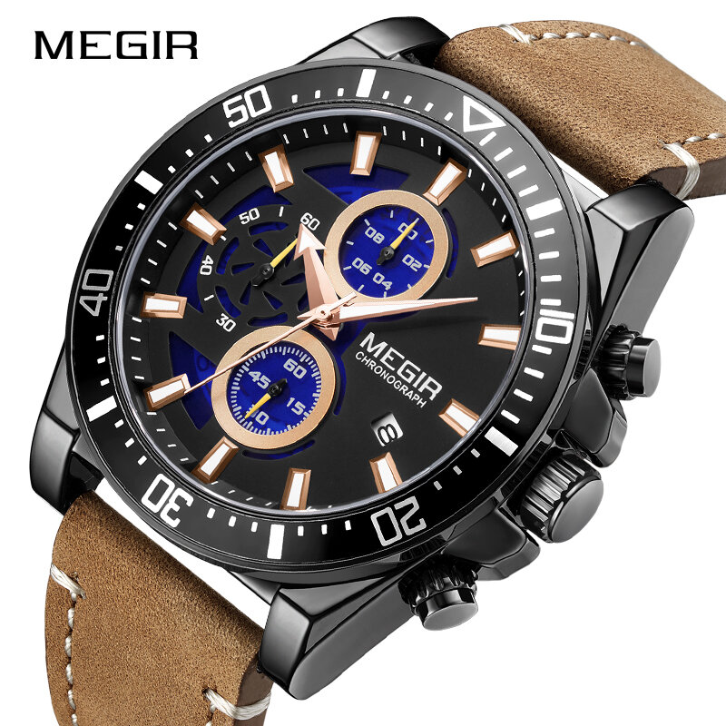 2020 nowy marka MEGIR mody przypadkowi mężczyźni zegarki skórzane luksusowe Sport męski zegarek kwarcowy mężczyzna zegar Relogio Masculino