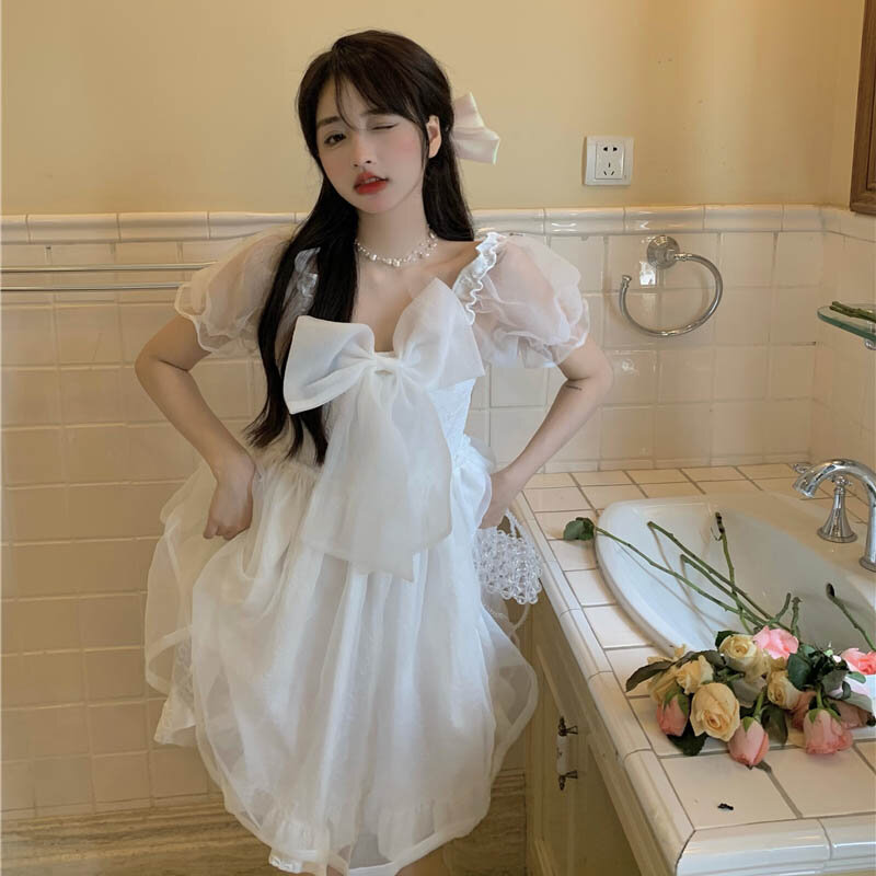Lato nowy łuk księżniczka sukienka Party słodkie kobiety koreański wzburzyć Mesh sukienka wróżki francuski Vintage Kawaii miękkie sukienki dla dziewczynek Vestidos