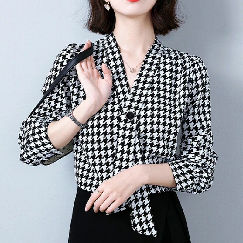 Decote em v houndstooth xadrez design blusa camisa vintage moda temperamento feminino senhoras topo manga longa primavera camisa feminina 238c