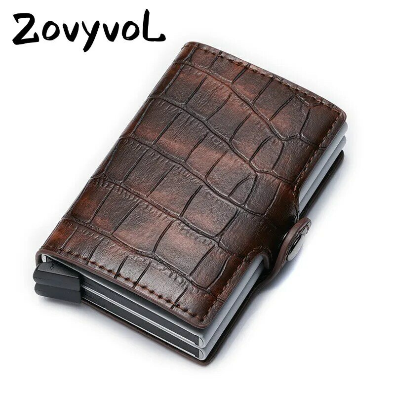 ZOVYVOL-tarjetero de cuero PU para hombre y mujer, tarjetero de doble caja de aluminio, billetera de viaje Vintage de Metal RFID, 2021