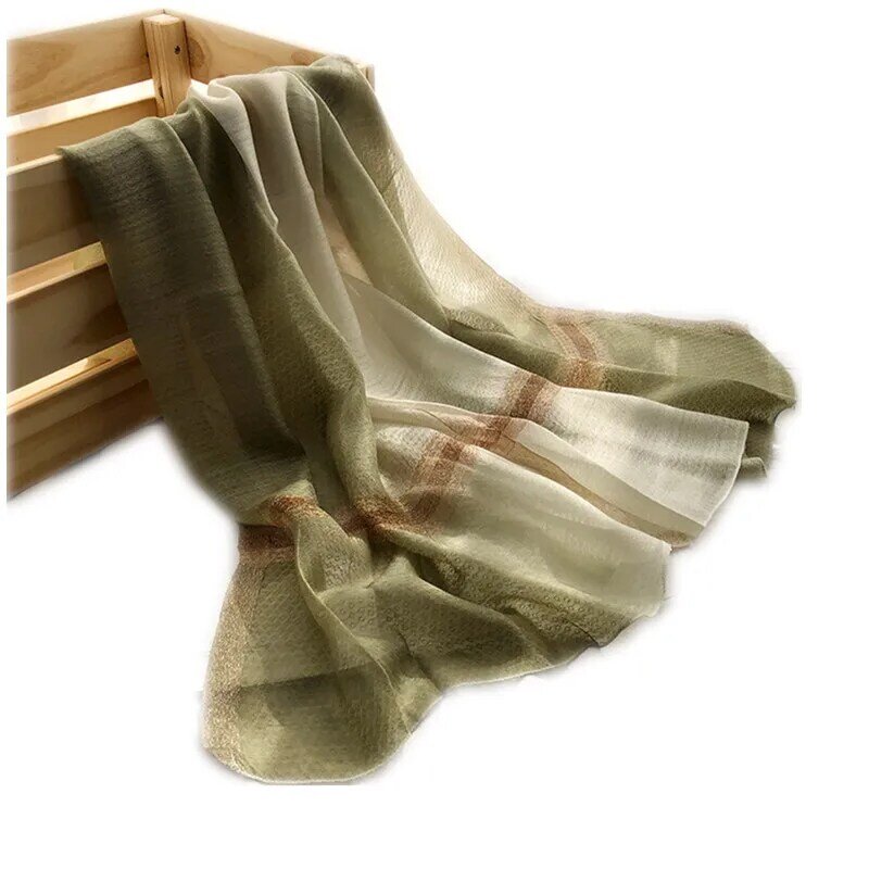 Cachecol de seda feminino, cachecol longo de seda xale para mulheres primavera e verão com renda dourada e tintura pendurada
