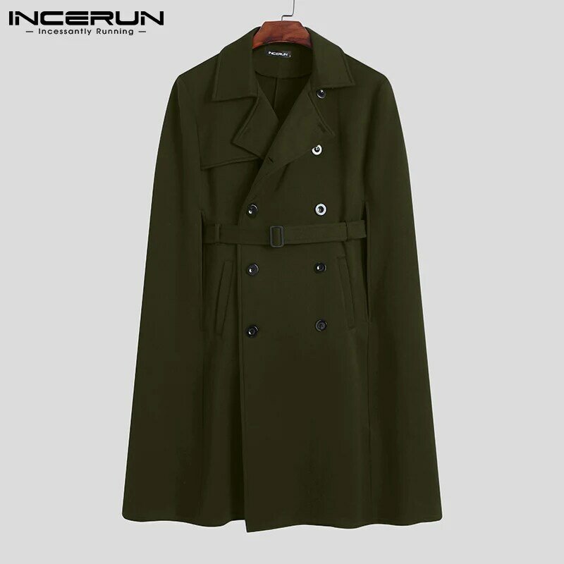 Incerun-男性用の快適なオーバーコート,男性用のぴったりとしたベルト,通気性のあるボタン付きのゆったりとしたジャケット,無地,S-5XL