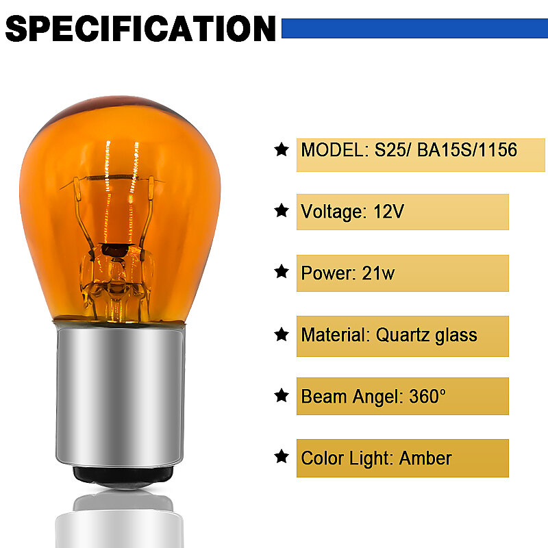 Eliteson-lâmpadas de halogênio s25 para seta de carro, luz amarela 1156, 12v, motor âmbar, acessório de iluminação