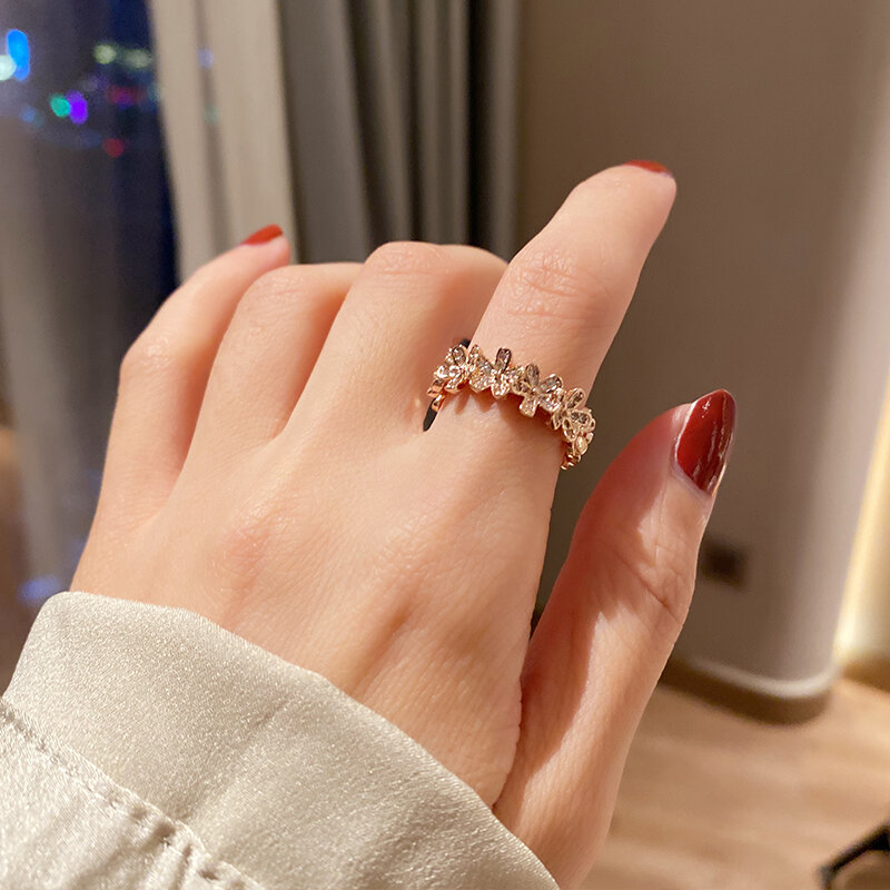 Japanese Style Mild Luxury Cold Style Little Flower Ring Ins Niche Diamond-Embedded Open Ring Elegant High Sense Ring Women