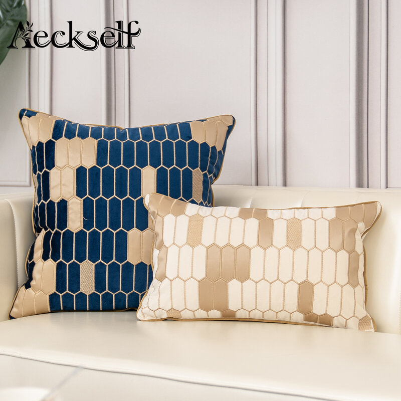 Aeckauto-funda de cojín de terciopelo con bordado a cuadros para decoración del hogar, funda de almohada moderna de cuero azul marino, marrón y gris