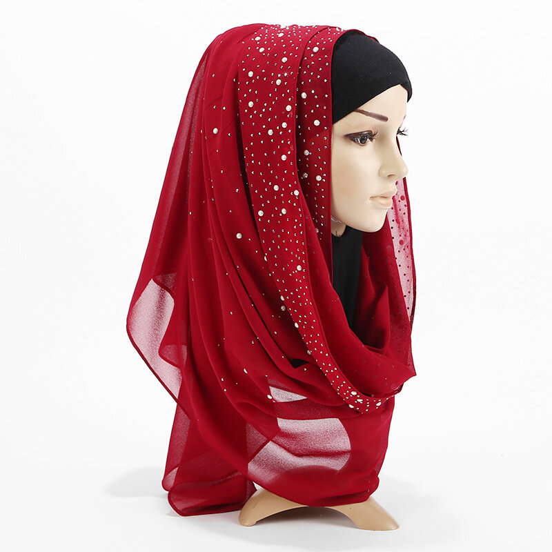 Novo feminino bolhas chiffon cachecol com diamante studs pérolas cachecol simples hijab xales envolve cor sólida muçulmano hijab cachecol