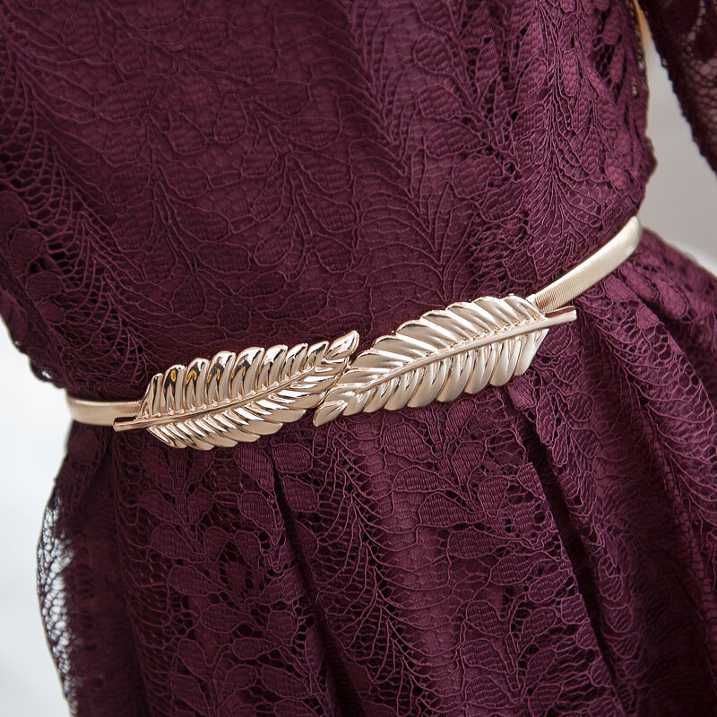 Cinturón elástico dorado y plateado para mujer, cinturón elástico de Metal con hojas de flores, para vestidos