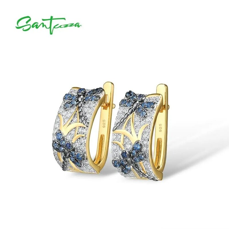 SANTUZZA Silver Earrings For Women Pure 925 Sterling Silver Blue Dragonfly Elegant Trendy Gift Party Fine Jewelry