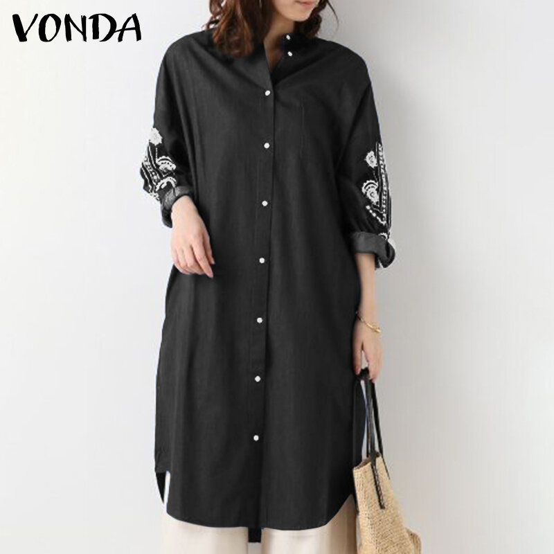 VONDA – chemisier en Denim brodé pour femmes, chemises à manches longues Vintage, hauts Streetwear d'automne 2021, 2021