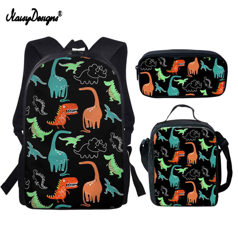 Noisydesigns 2021 engraçado dos desenhos animados dinossauro impressão mochilas escolares para meninos meninas crianças mochila conjunto mochila escolar