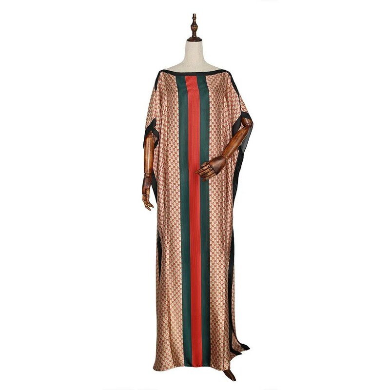 مصدر الملابس النسائية فستان أفريقي فضفاض الحرير النسيج المطبوعة قطعة واحدة فستان الرقبة مع الحجاب