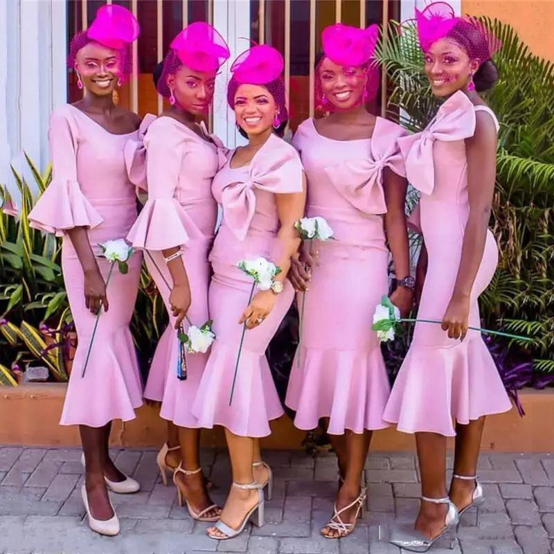 Gaun Pengiring Pengantin Pendek Pita Imut 2021 Gaun Pesta Pernikahan Putri Duyung Hitam Afrika Gaun Panjang Teh Anak Perempuan Pesta Pernikahan Murah