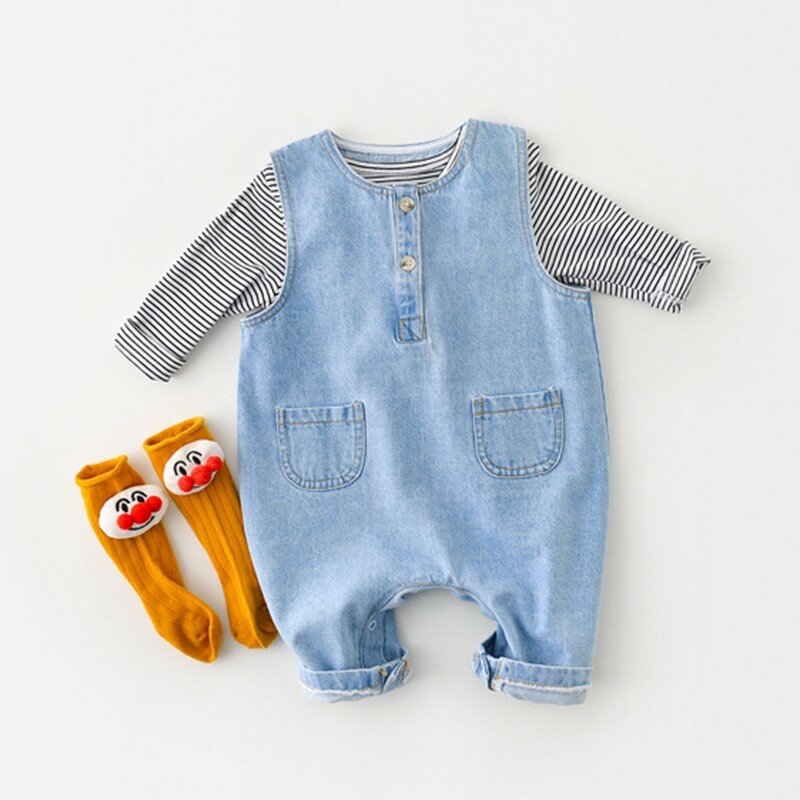 Urbana macacão jeans infantil, camiseta e macacão para bebês de 0 a 2 anos, primavera e outono
