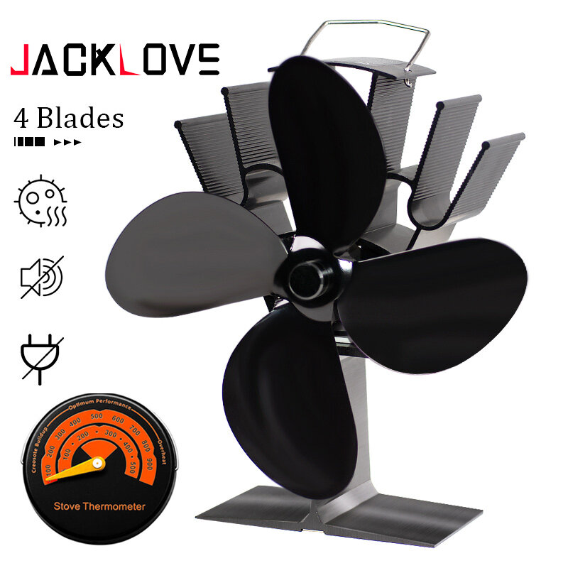 Black Fireplace 4 Blades Heat Powered Stove Fan Blade Log Wood Burner Eco Friendly Quiet Fan Home Efficient Heat Distribution