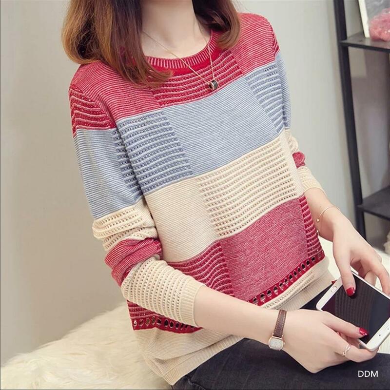 Suéter de manga larga con cuello redondo para mujer, Jersey informal de punto a rayas, suelto, moda coreana, Otoño, 2021