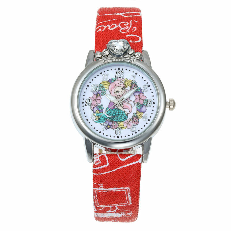 Nieuwe Cartoon Kinderen Mermaid Horloge Mode Meisje Kids Student Diamond Leather Analoge Horloges Mooie Roze Krans Horloge Reloj